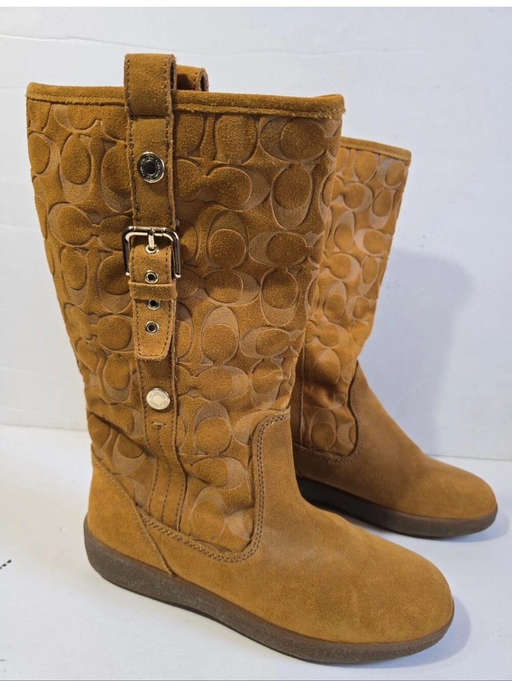 Coach Tullip Tan Suede Signature Mid-Calf Boots with Buckle Detail Size 7